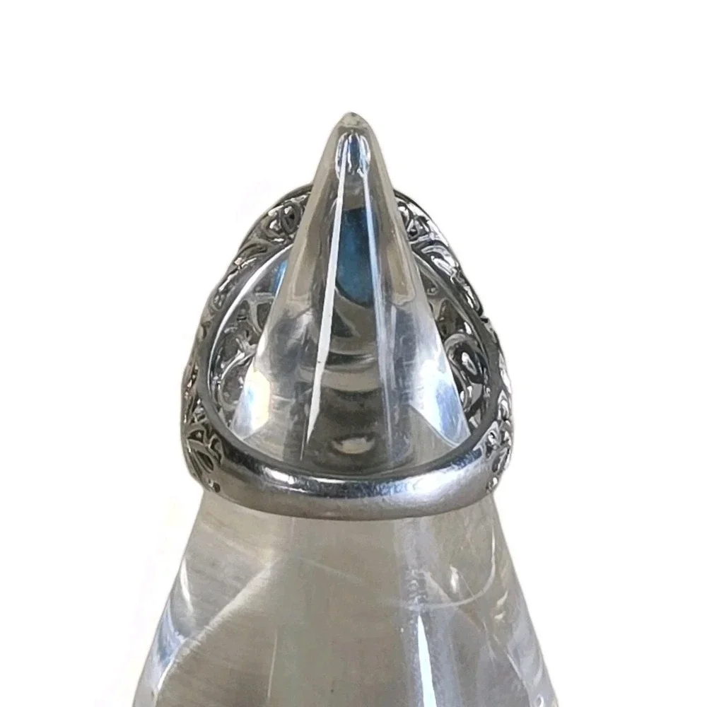 QVC Sterling Kingman Turquoise White Zircon Halo Silver Fillagree Ring Sz 8